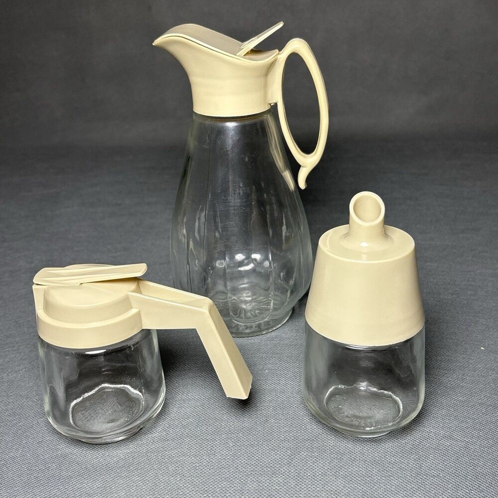 Lot Maple Syrup Dispenser Glass Plastic Handle Log Cabin/Gemco/Federal Houseware
